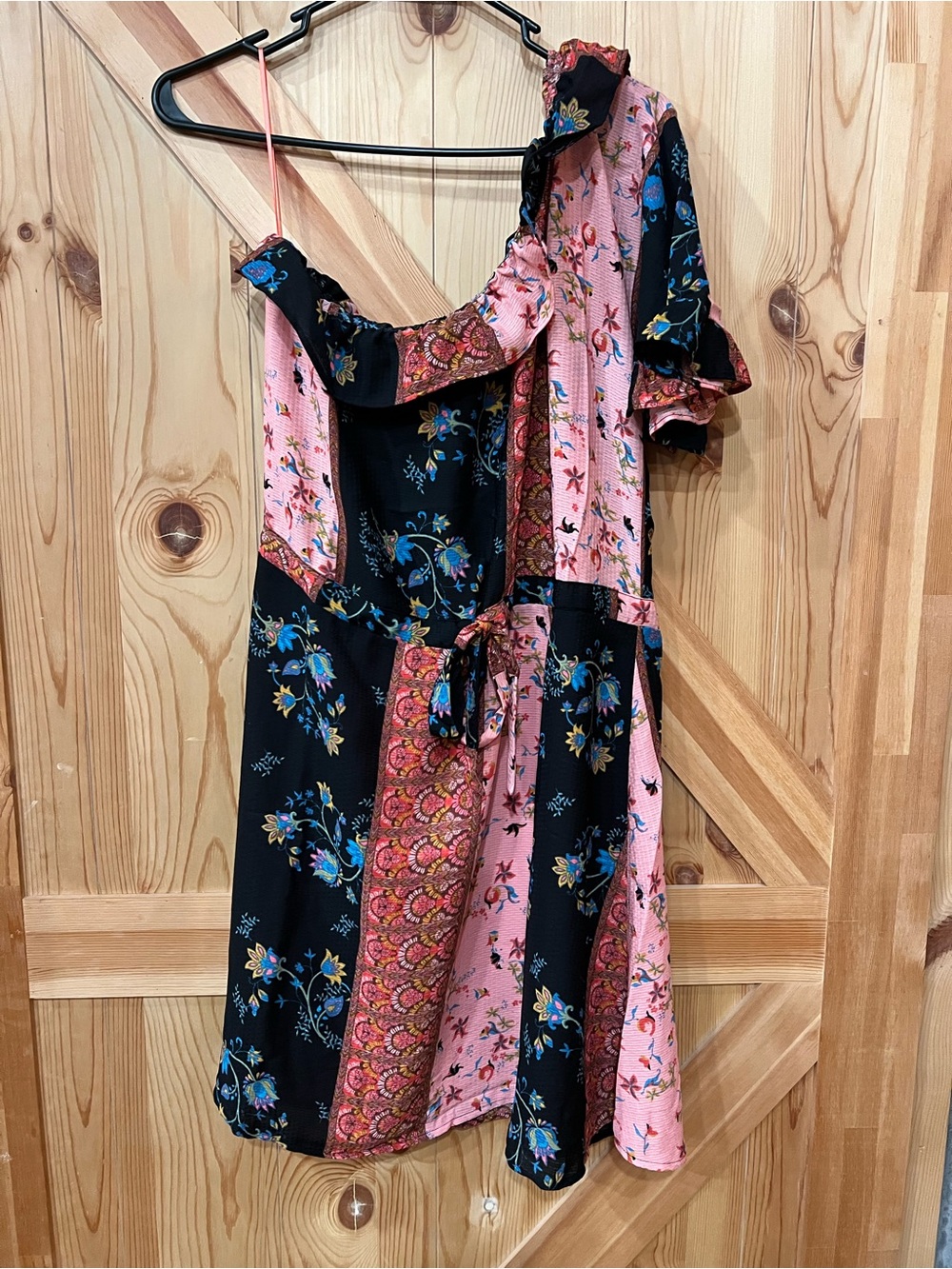 19 Cooper One-Shoulder Patchwork Dress in Black and Pink